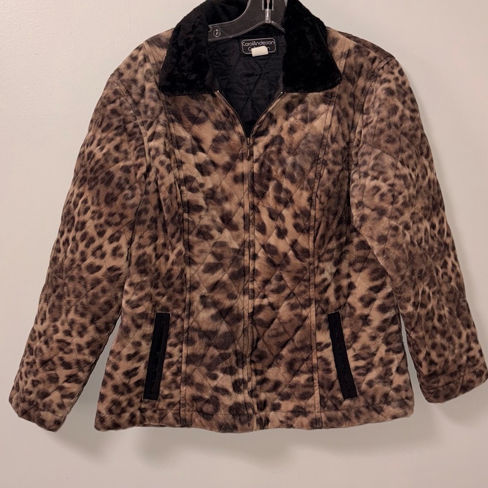 Carol Anderson Brown Quilted Leopard Jacket Faux Fur Collar Vtg Zip L Women’s